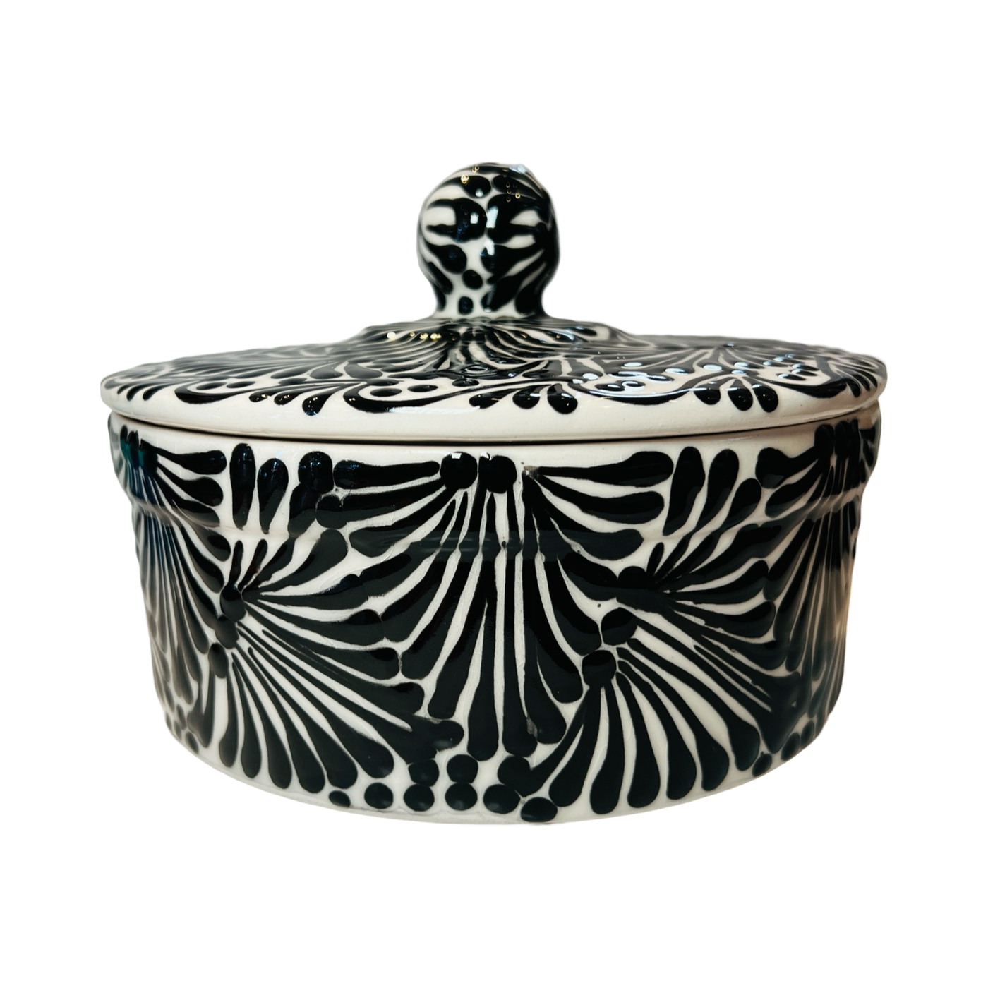 ceramic tortilla warmer with a black and white Puebla design