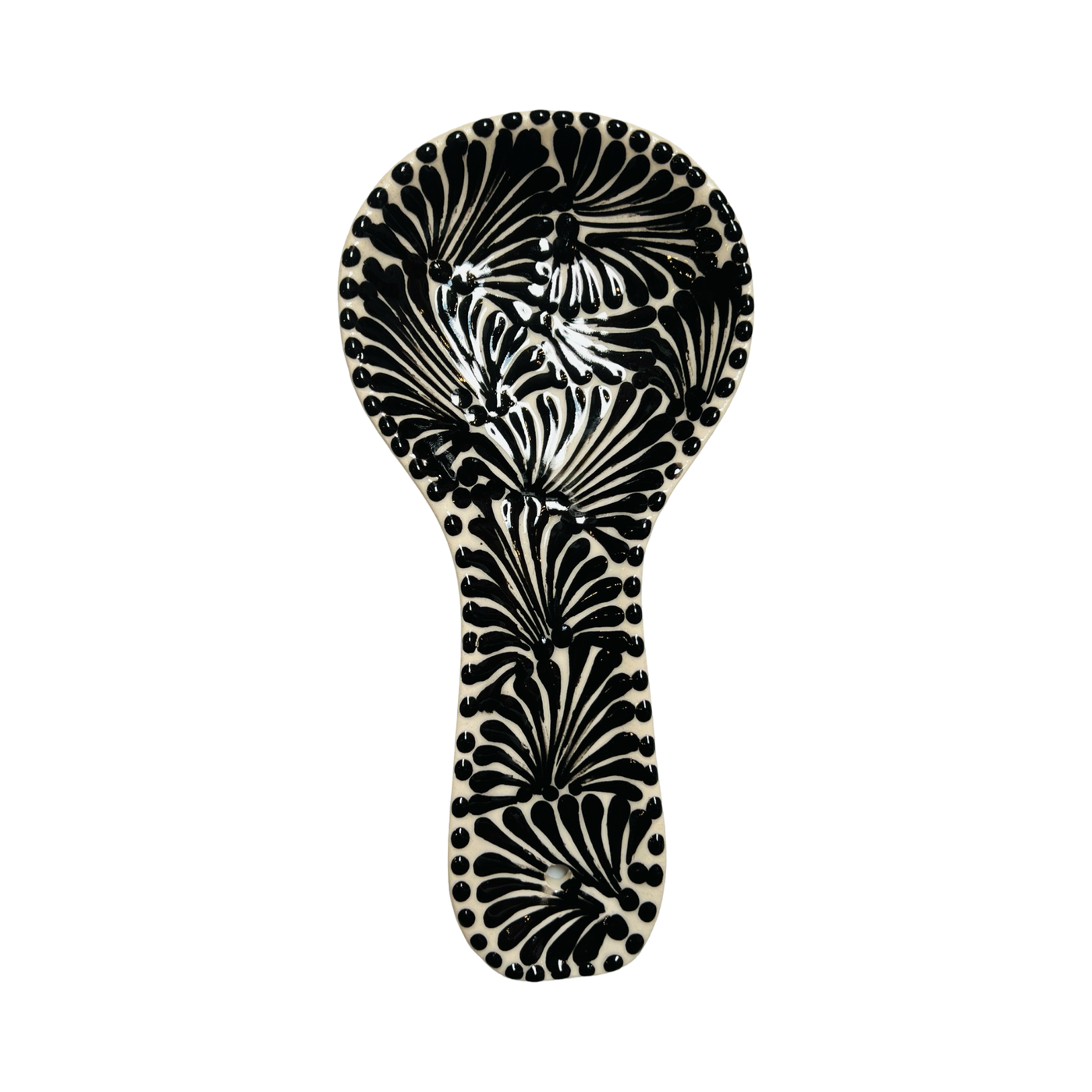 ceramic spoon rest in a black and white Puebla design