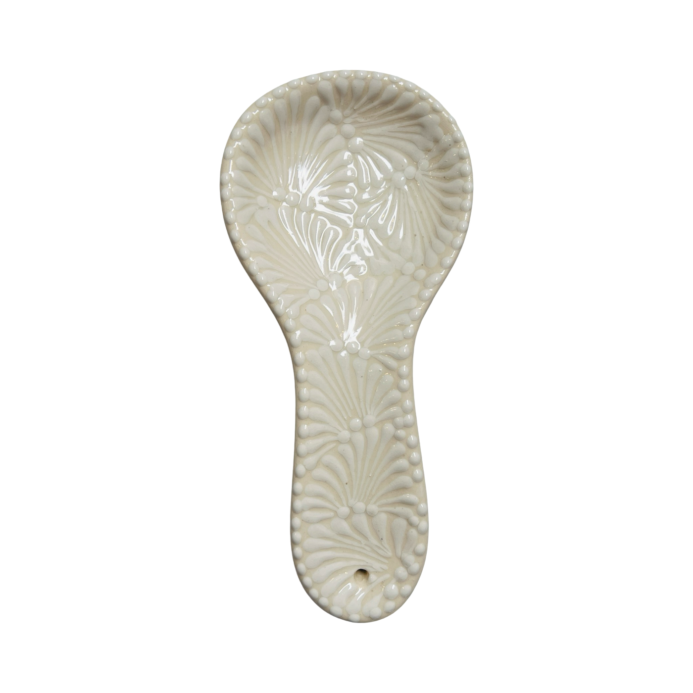 ceramic spoon rest in a cream and white Puebla design