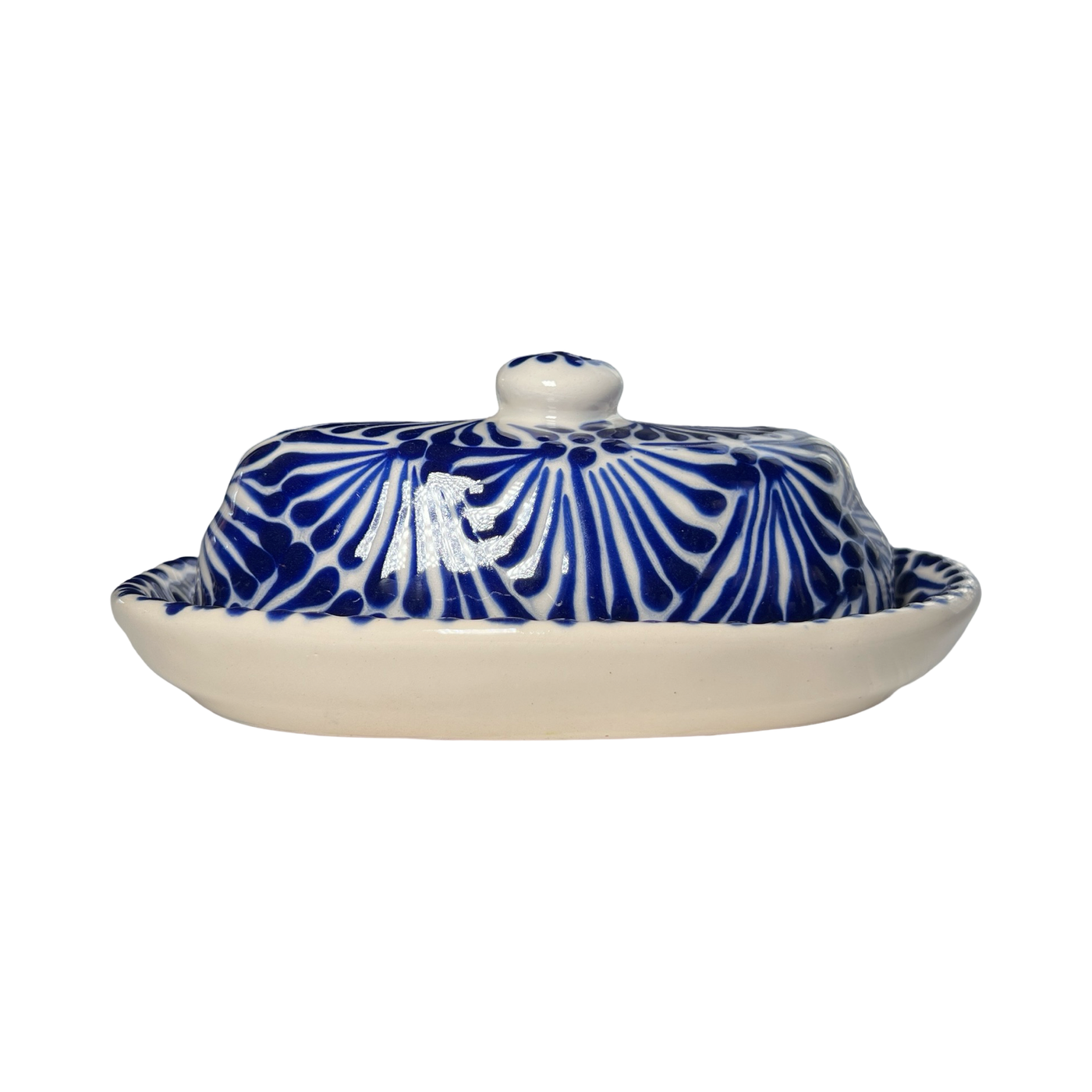 butter dish with lid in a blue and white Puebla design