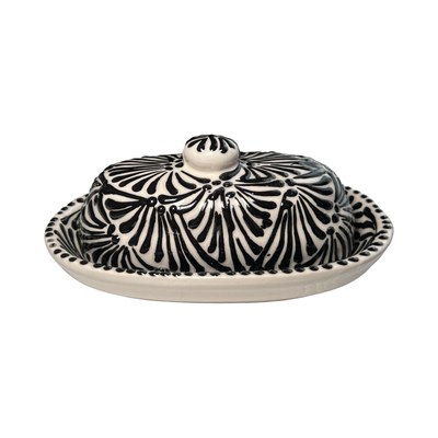 butter dish with lid in a black and white Puebla design