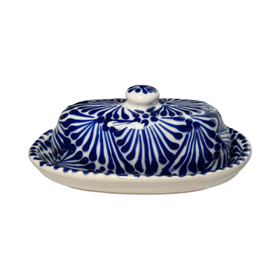 butter dish with lid in a blue and white Puebla design