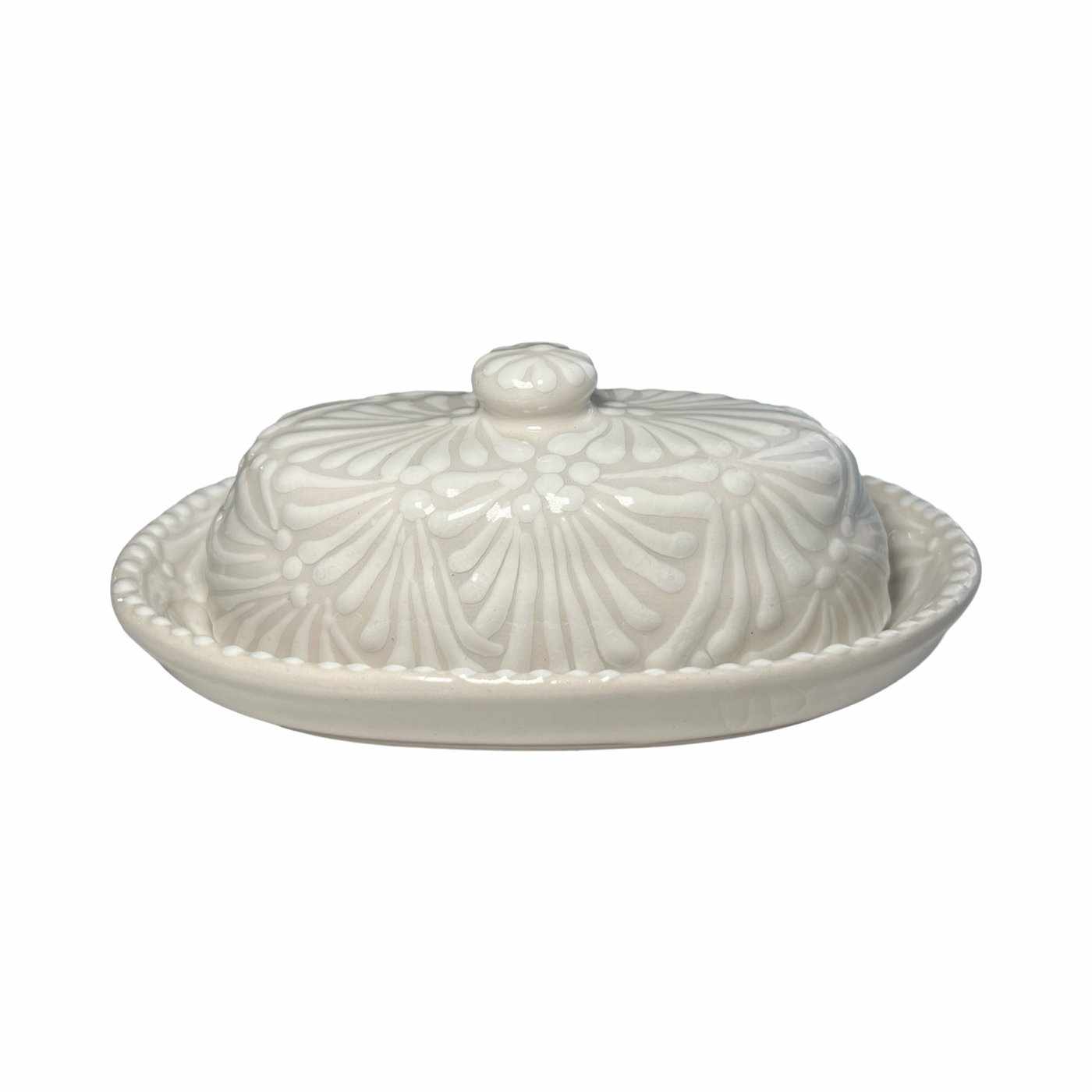 butter dish with lid in a cream and white Puebla design