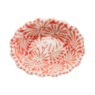 Puebla Talavera Scallop Rim Oval Bowl- Coral