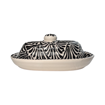 butter dish with lid in a black and white Puebla design