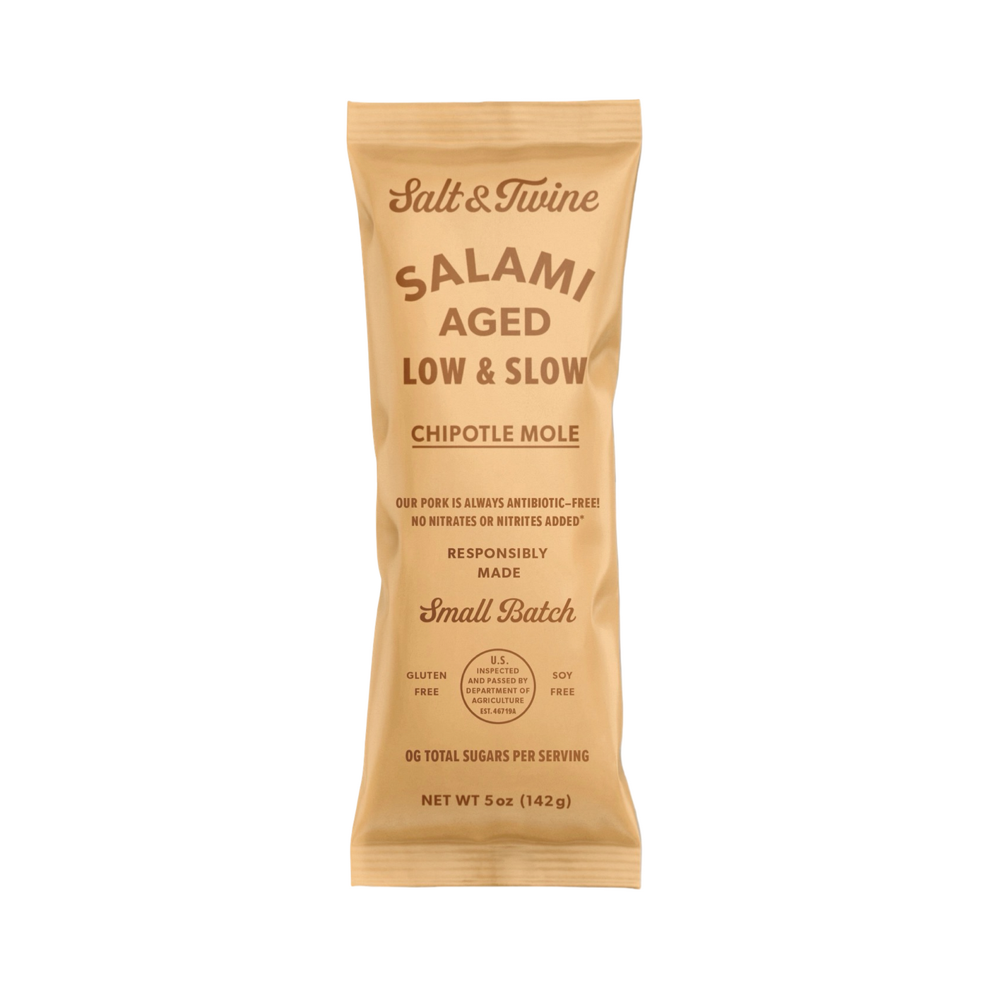 5 oz peach pouch of chipotle mole salami with brown lettering.