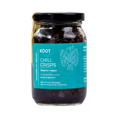 CLEAR 4.93 OZ JAR OF JALAPENO CHILI CRISPS IN OIL WITH A TEAL BRANDED LABEL