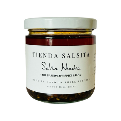 7.75 oz clear jar of Salsa Macha from Tienda Salsita with a white branded label and lid.