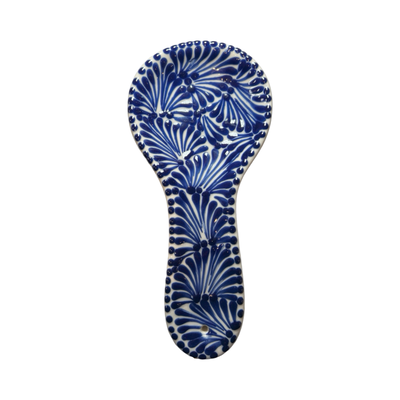 white and blue Puebla design ceramic spoon rest