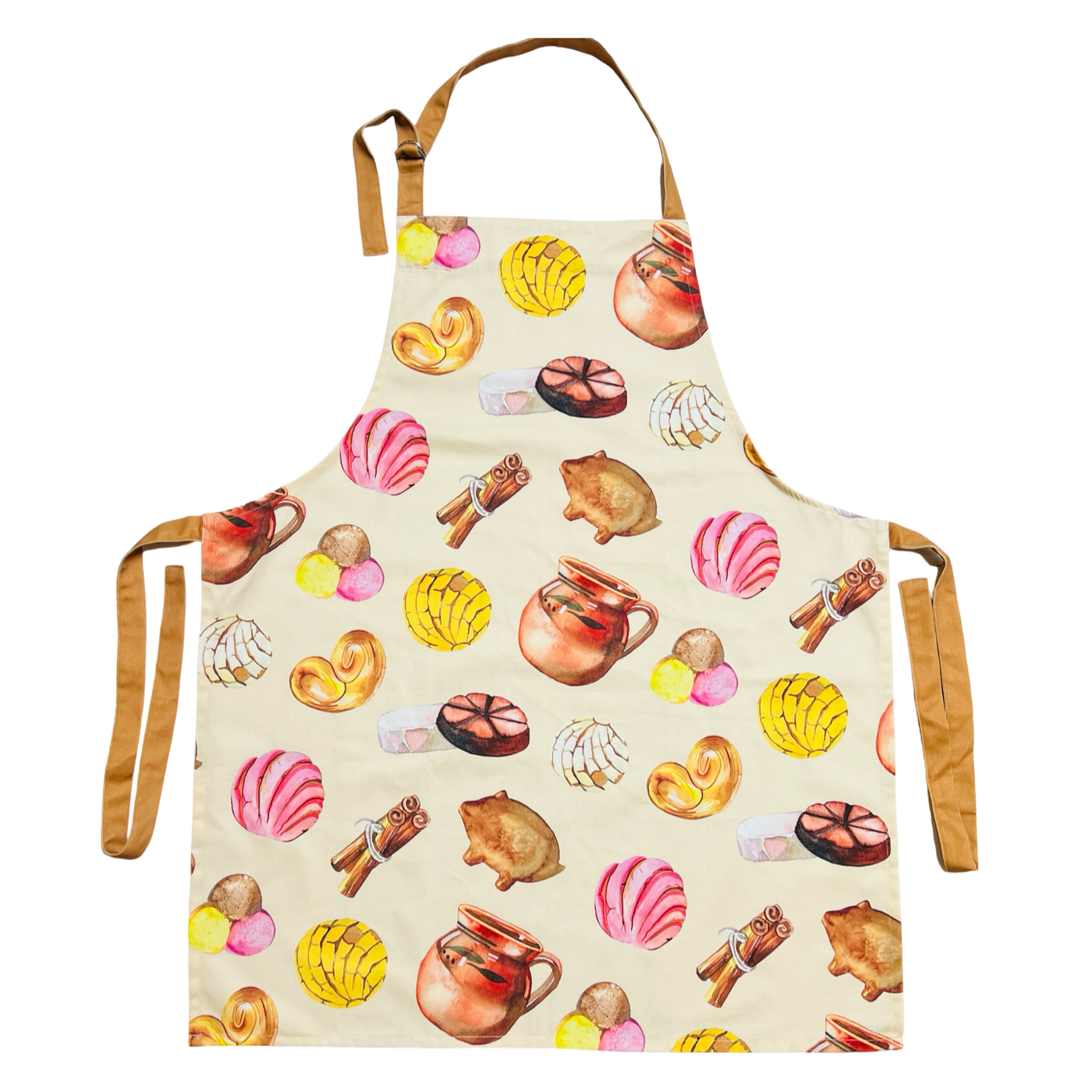 beige apron with images of Mexican pastries, cinnamon bundles, Mexican chocolate tabs and a coffee mug featuring brown waist and neck ties.