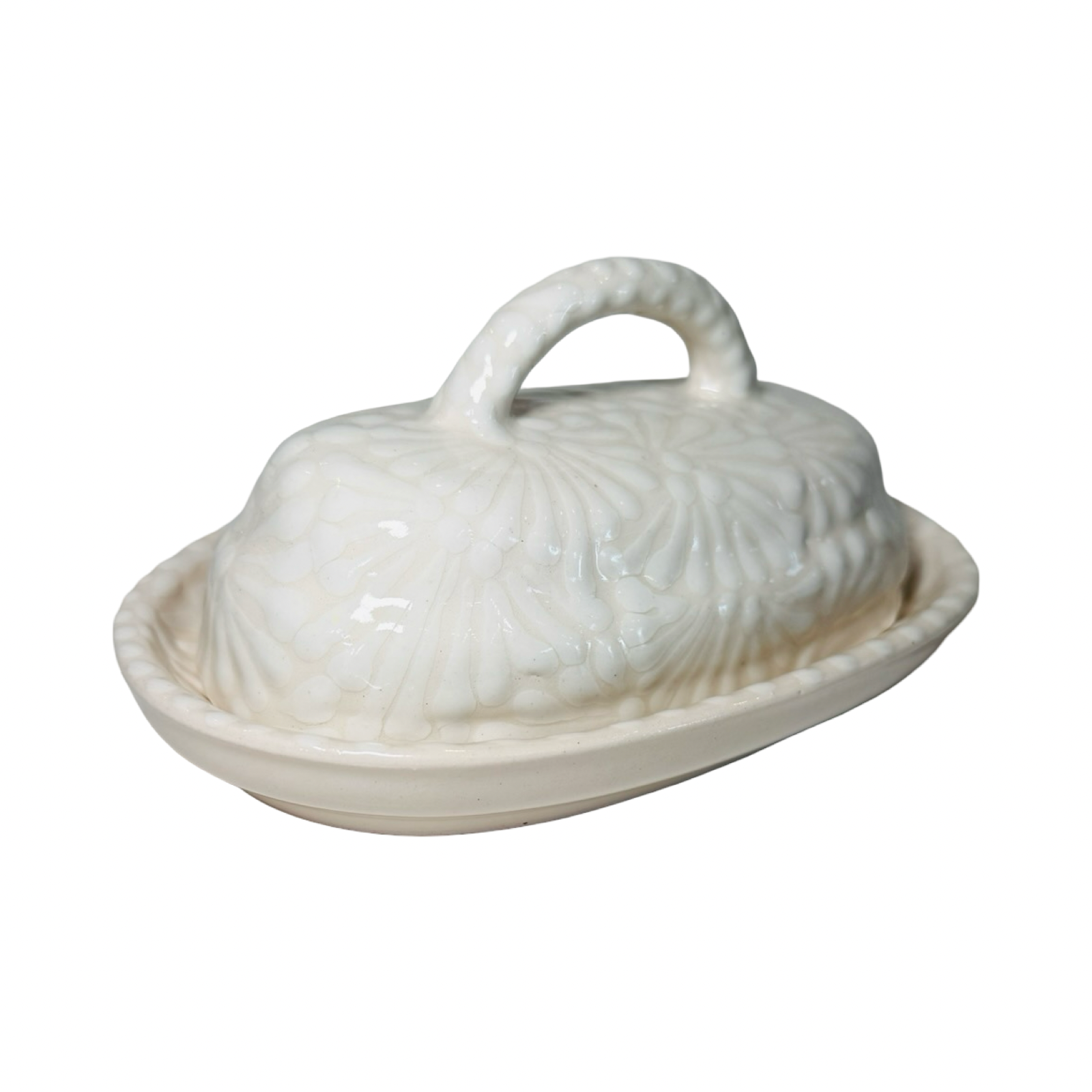 butter dish with lid in a cream and white Puebla design