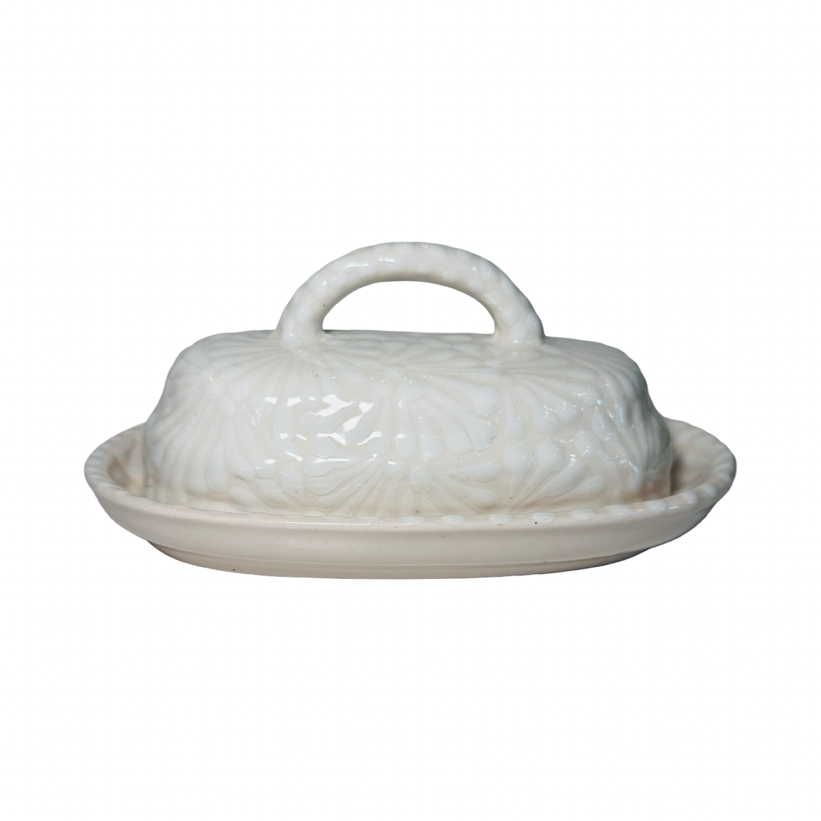 butter dish with lid in a cream and white Puebla design