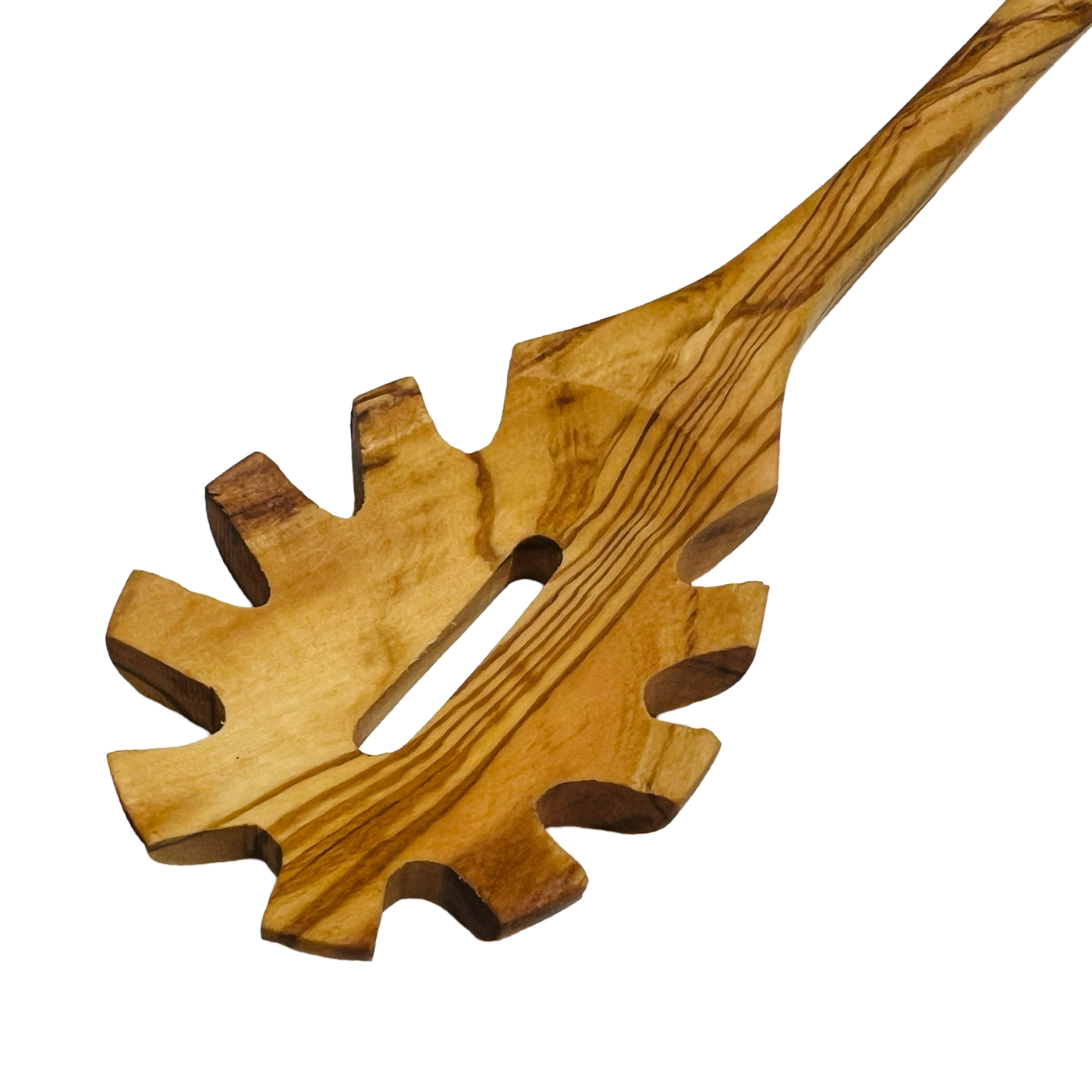 close up view of a olive wood spaghetti spoon