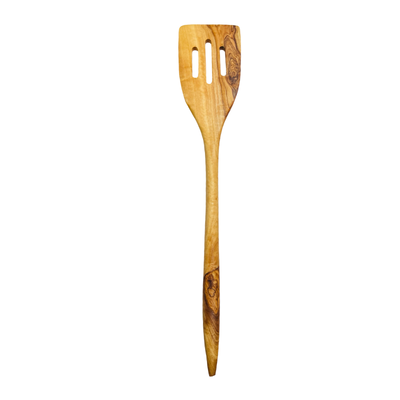 olive wood slotted spatula with a unique corner design