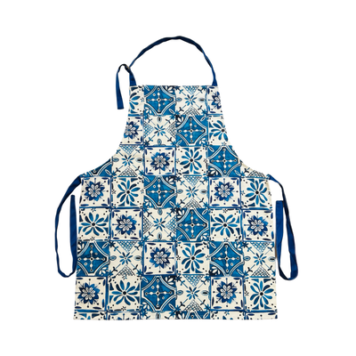 Apron featuring a blue Mexican tile design with blue neck and waist ties.