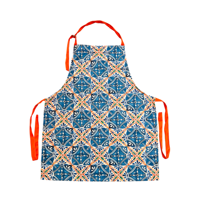 Apron featuring a blue and orange Mexican tile design with orange neck and waist ties.