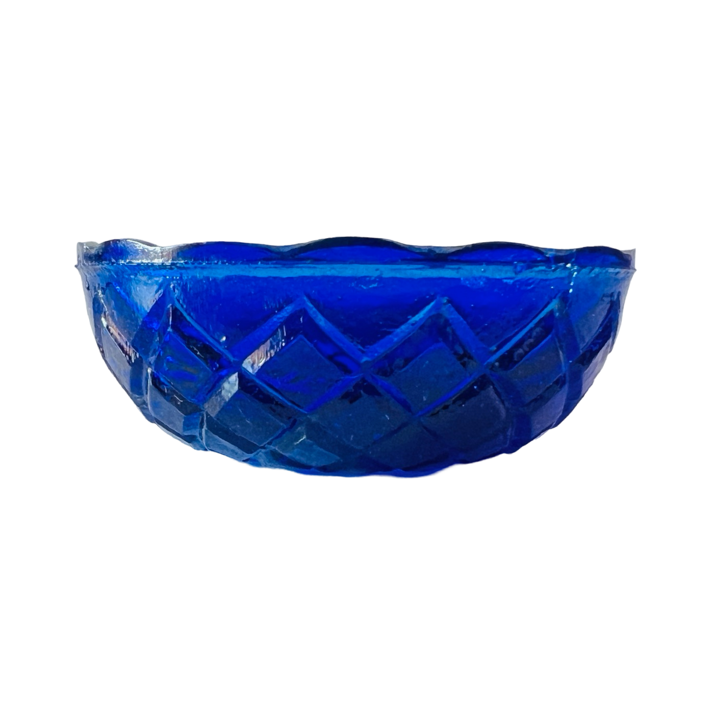 side view of a blue glass bowl