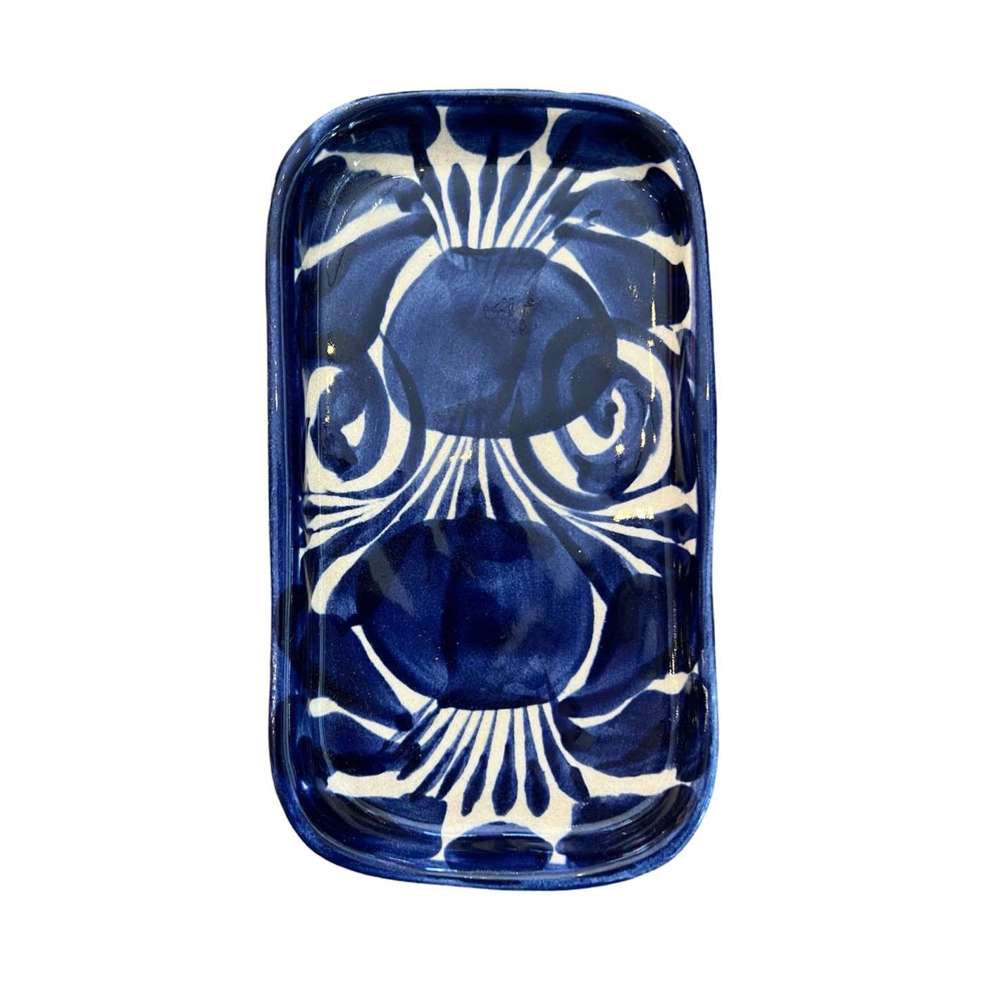 top view of a blue and white talavera dish