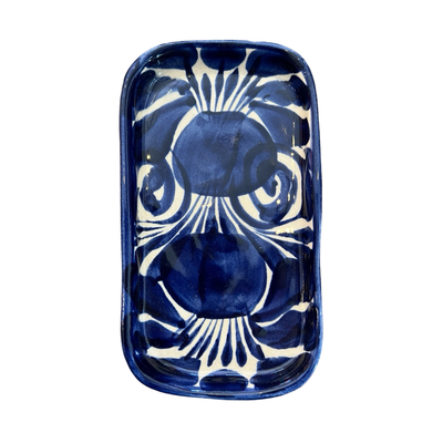 top view of a blue and white talavera dish