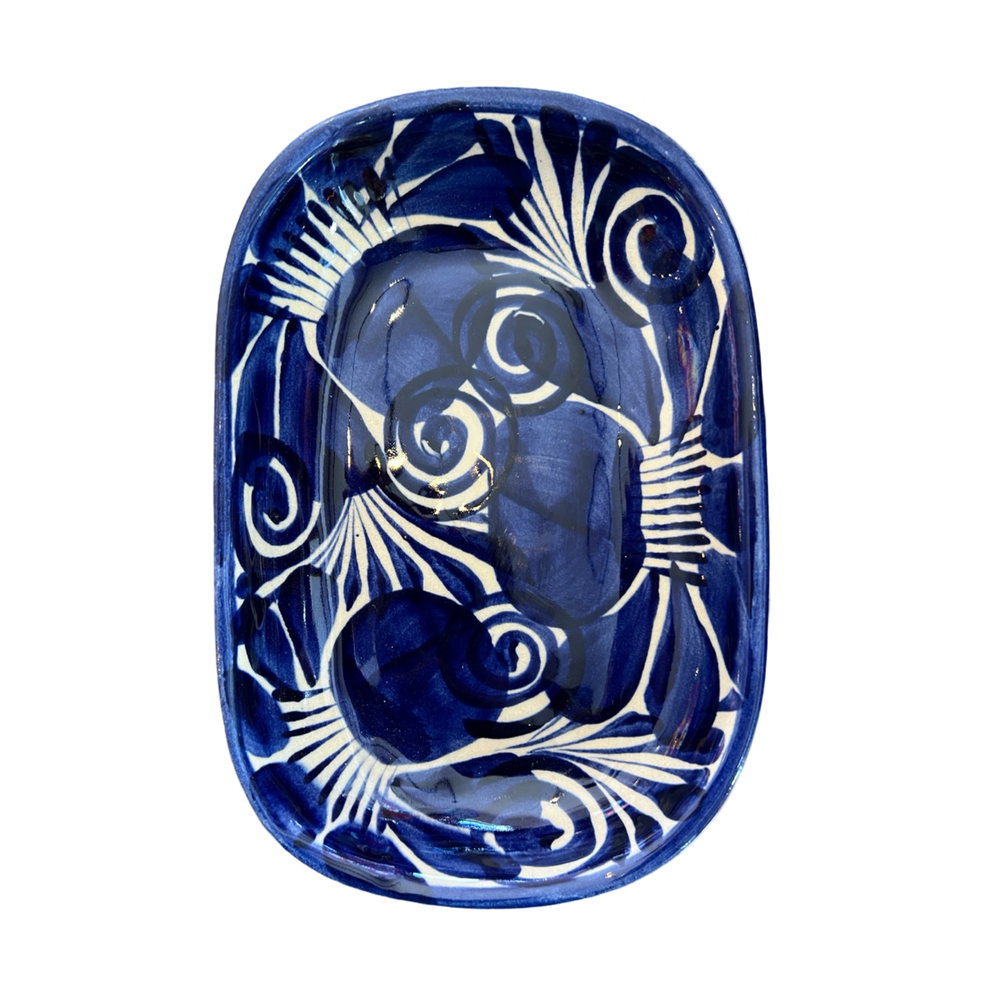 top view of a blue and white talavera dish