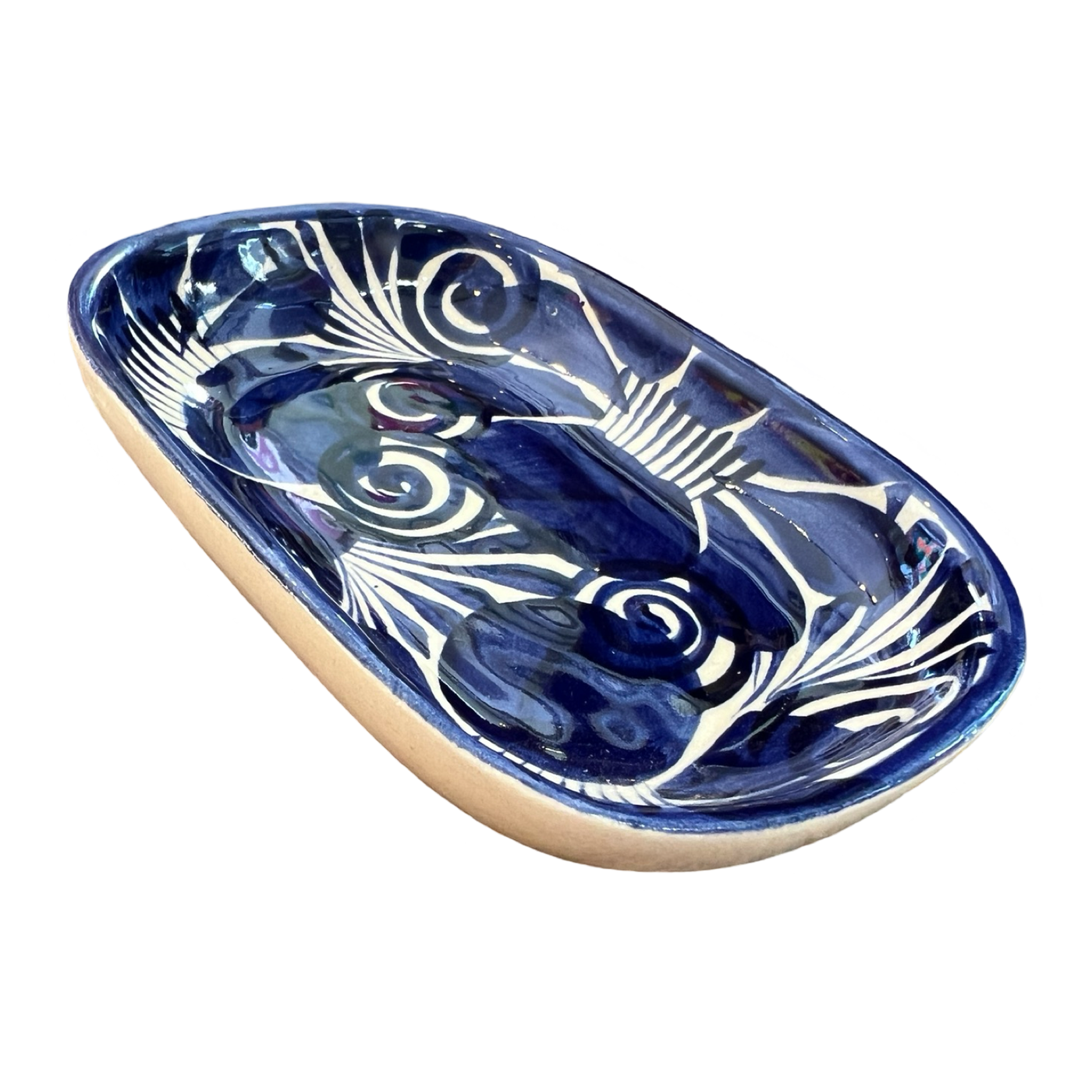 side view of a blue and white talavera dish