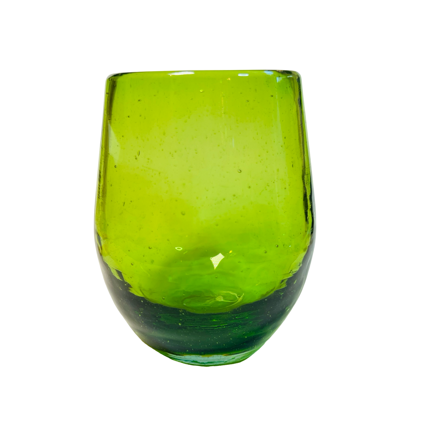 green colored stemless wine glass