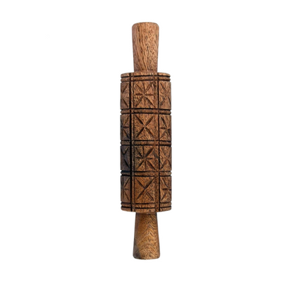 hand-carved mango wood rolling pin with a geometric pattern and smooth wooden handles.