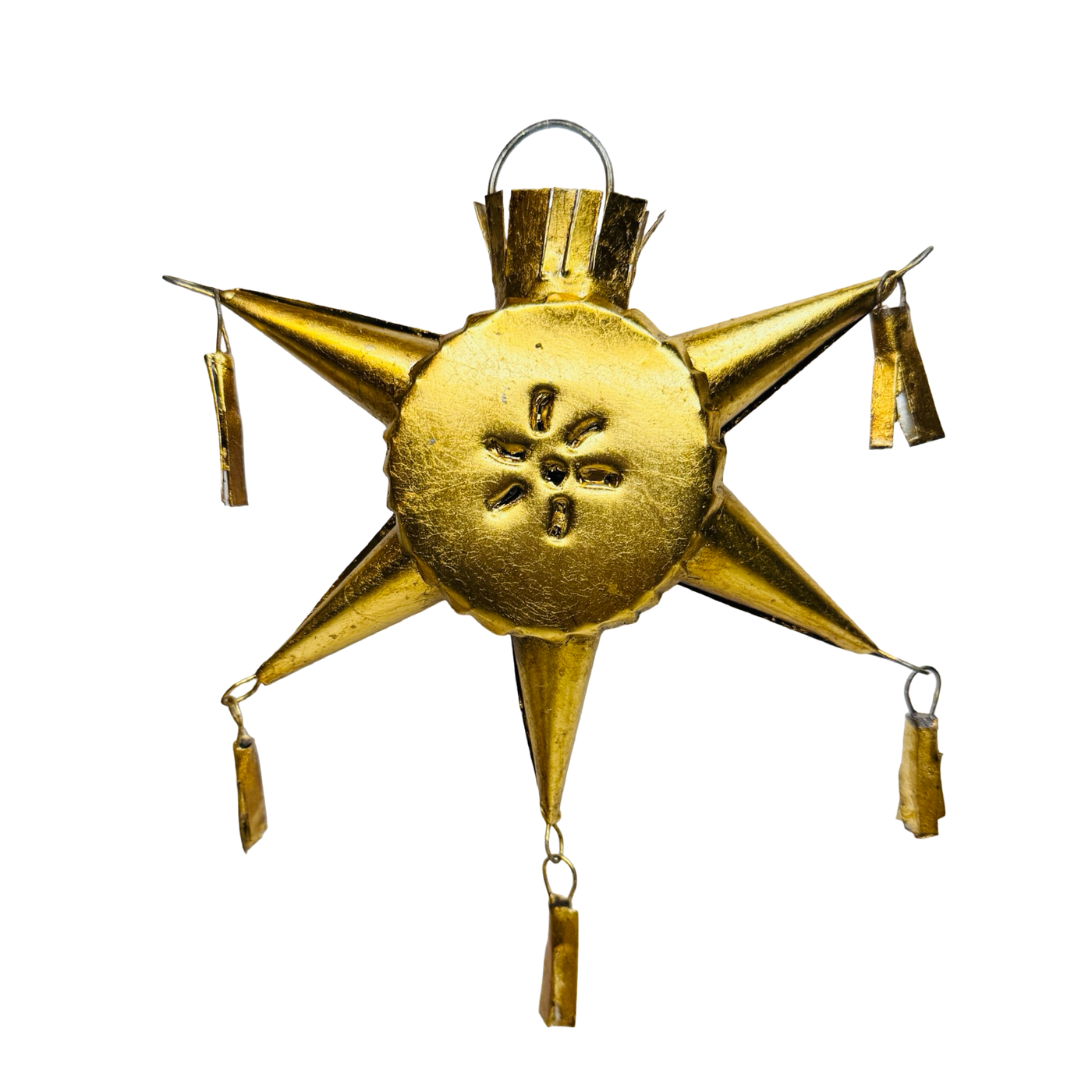brass toned five-point star shaped pinata ornament with a hanging loop.