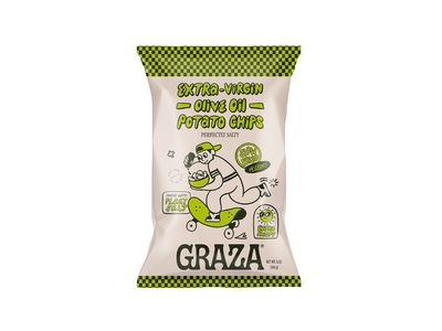 5 oz white bag of Graza chips featuring black and green branded labeling featuring an illustration of a boy on a skateboard with a bowl of chips.