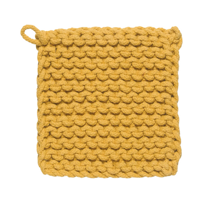 mustard square potholder featuring a knitted design with a hanging loop