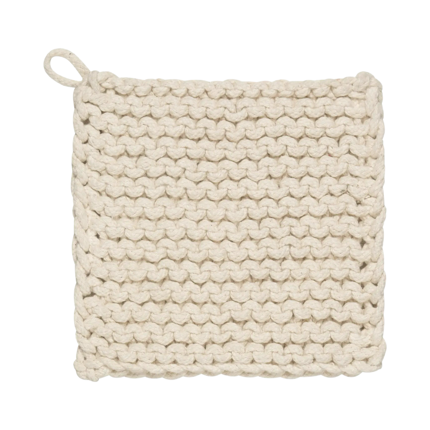 cream square potholder featuring a knitted design with a hanging loop