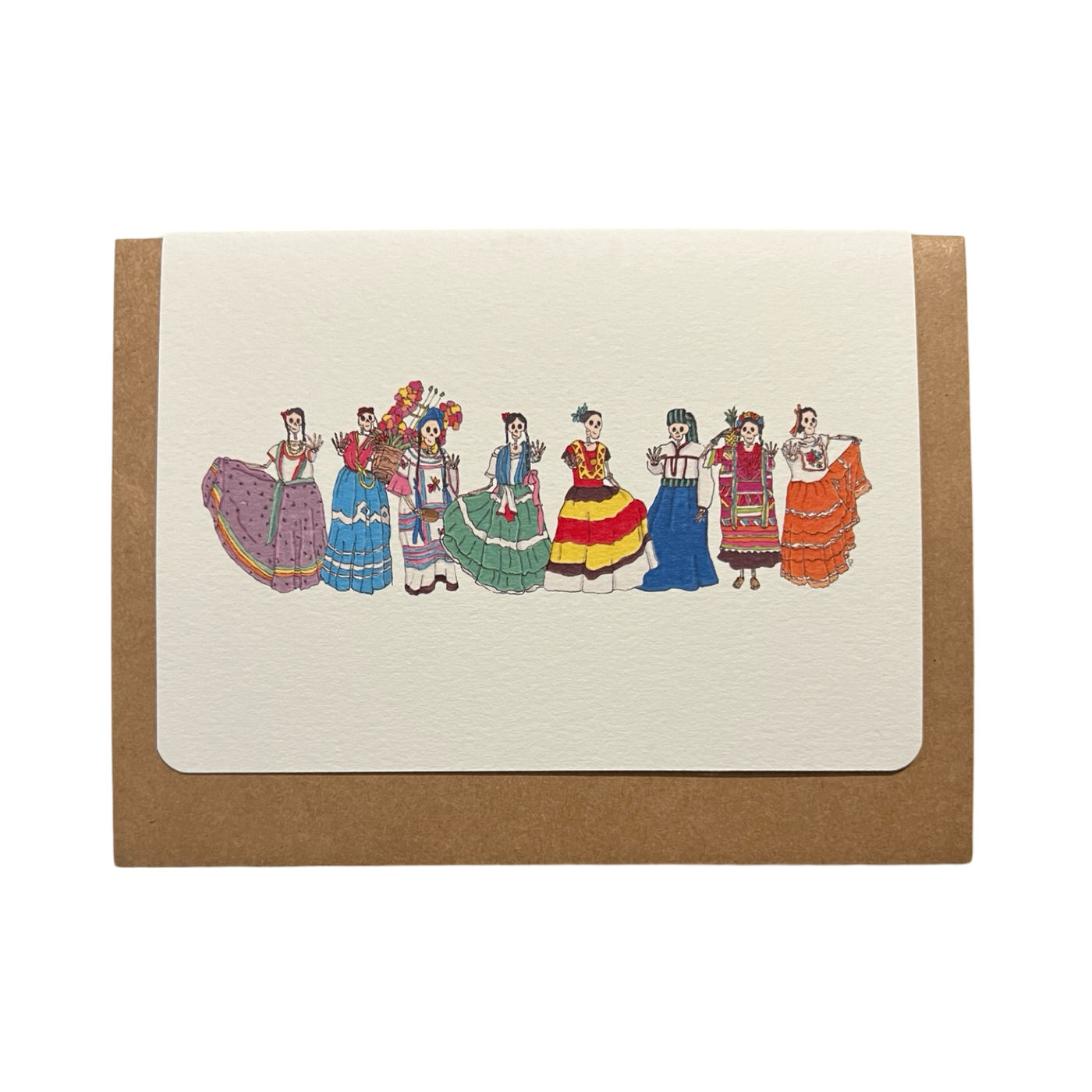 Greeting card featuring colorful illustrations of Calaveras dressed in traditional Oaxacan women’s attire, highlighting various regional styles