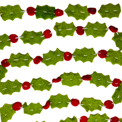 Festive garland featuring green felt holly leaves and red felt berries, creating a vibrant and seasonal decoration for holiday celebrations.