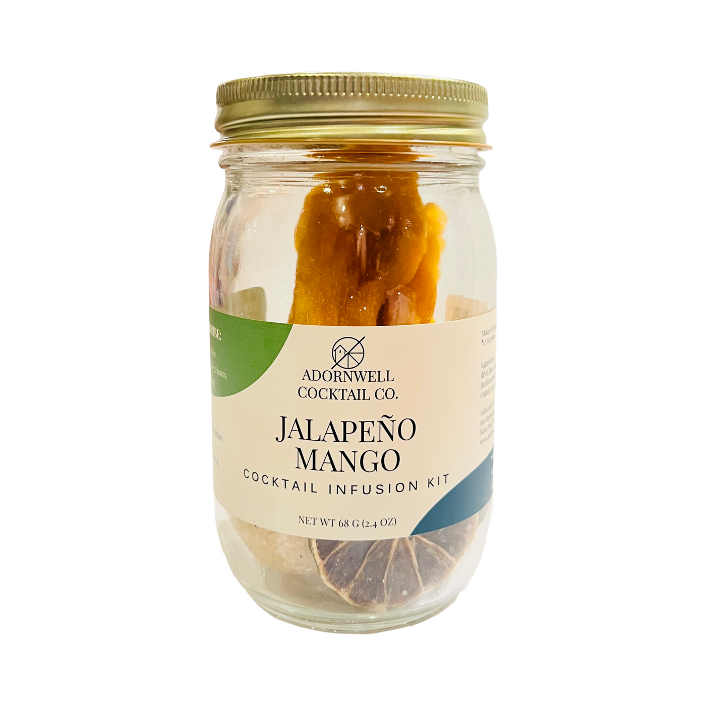 2.4 oz clear jar of jalapeno mango cocktail infusion kit featuring dried fruit and a gold lid.