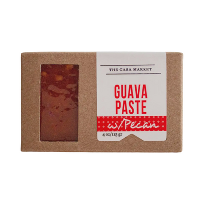 4 oz guava paste with pecan in a kraft box and white branded label.