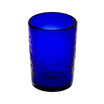 blue glass tumbler with a dove and branch motifs.
