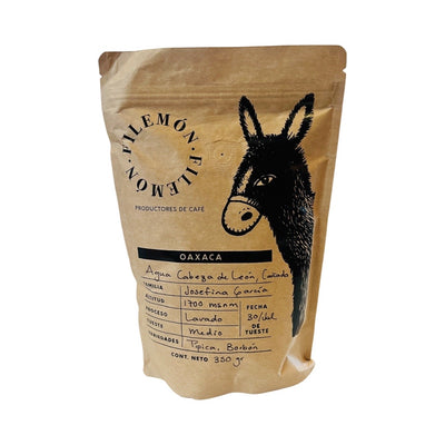 350 grams brown bag of Oaxaca coffee with an image of a donkey on the packaging
