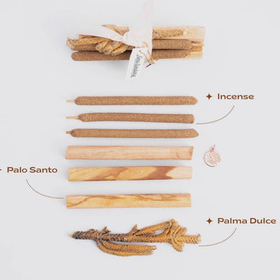 An image of a palo santo and palma dulce bundle along with the bundle laid out in a row and labeled with their name.