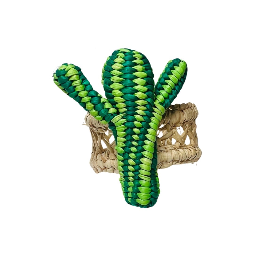front view of a green cactus shaped iraca fiber napkin ring
