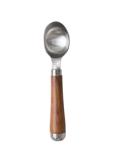 Close-up of a stainless steel scoop with a rounded bowl and smooth wooden handle.