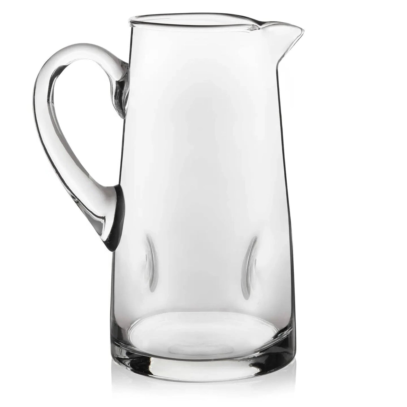 Clear glass pitcher with a wide handle, easy-pour spout, and subtle indented sides for grip.