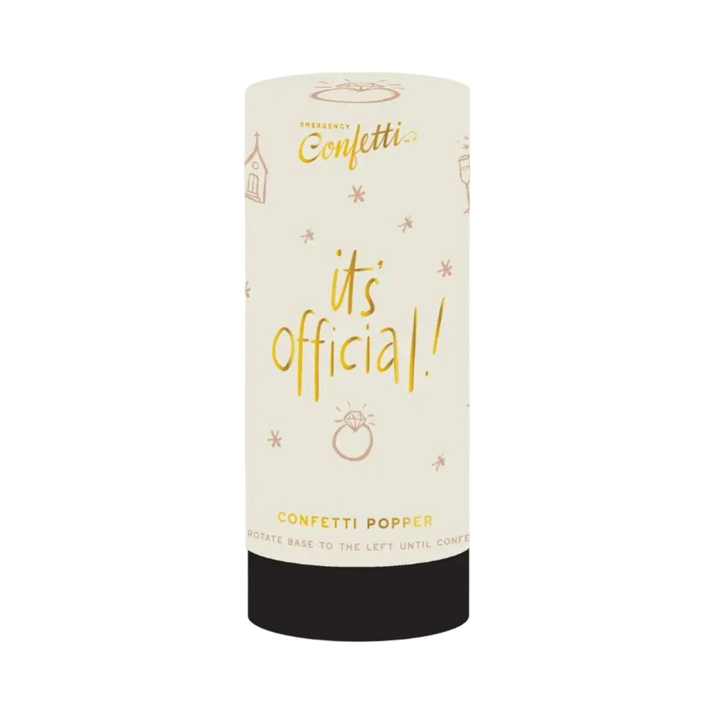 Cylindrical confetti popper labeled “It’s Official” with a gold ring illustration and small celebratory icons.