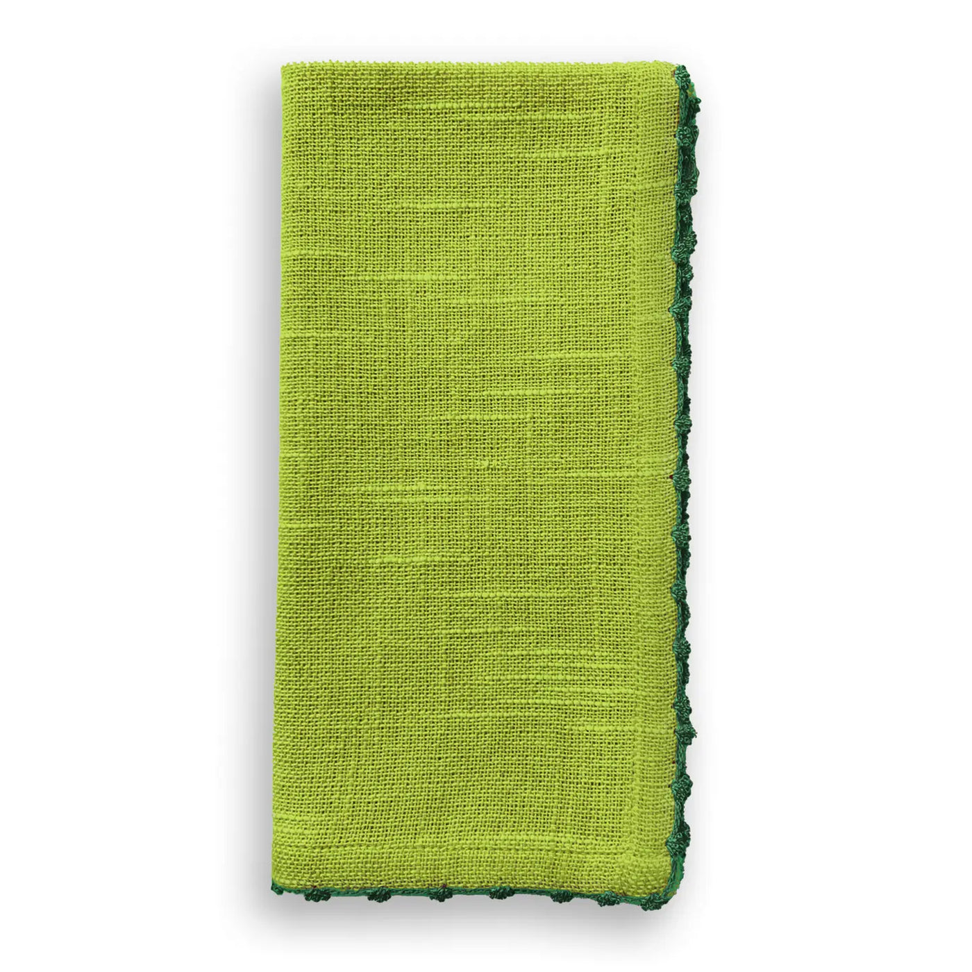 Folded fern green cotton napkin with a hand-knotted green trim along the edge.