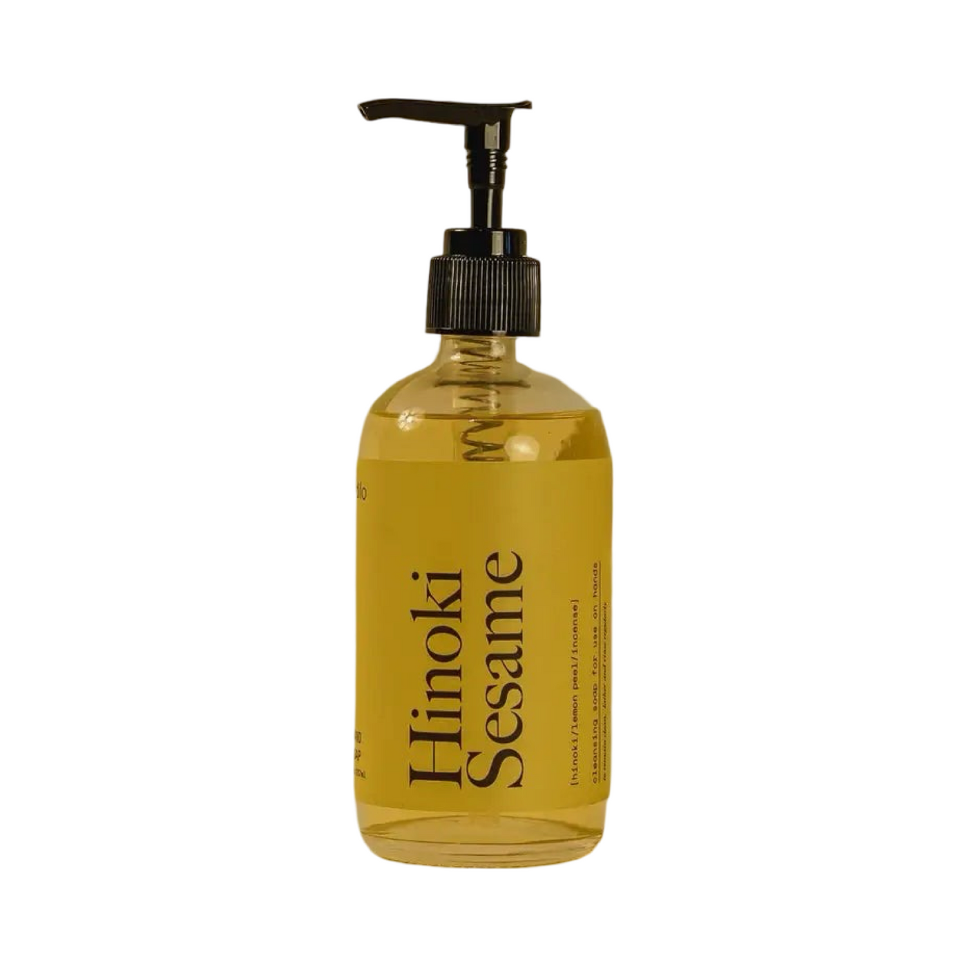 Bottle of Hinoki Sesame hand soap with pump