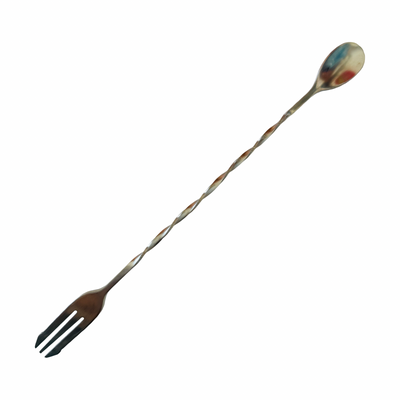 long stainless steel spoon and fork combo with a twisted handle detail