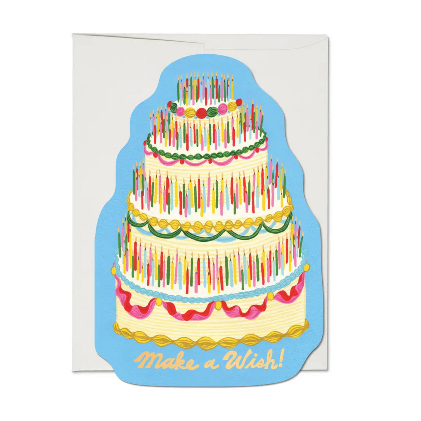 Birthday card shaped like a tall cake covered in colorful candles with the phrase “Make a Wish!” written at the bottom.