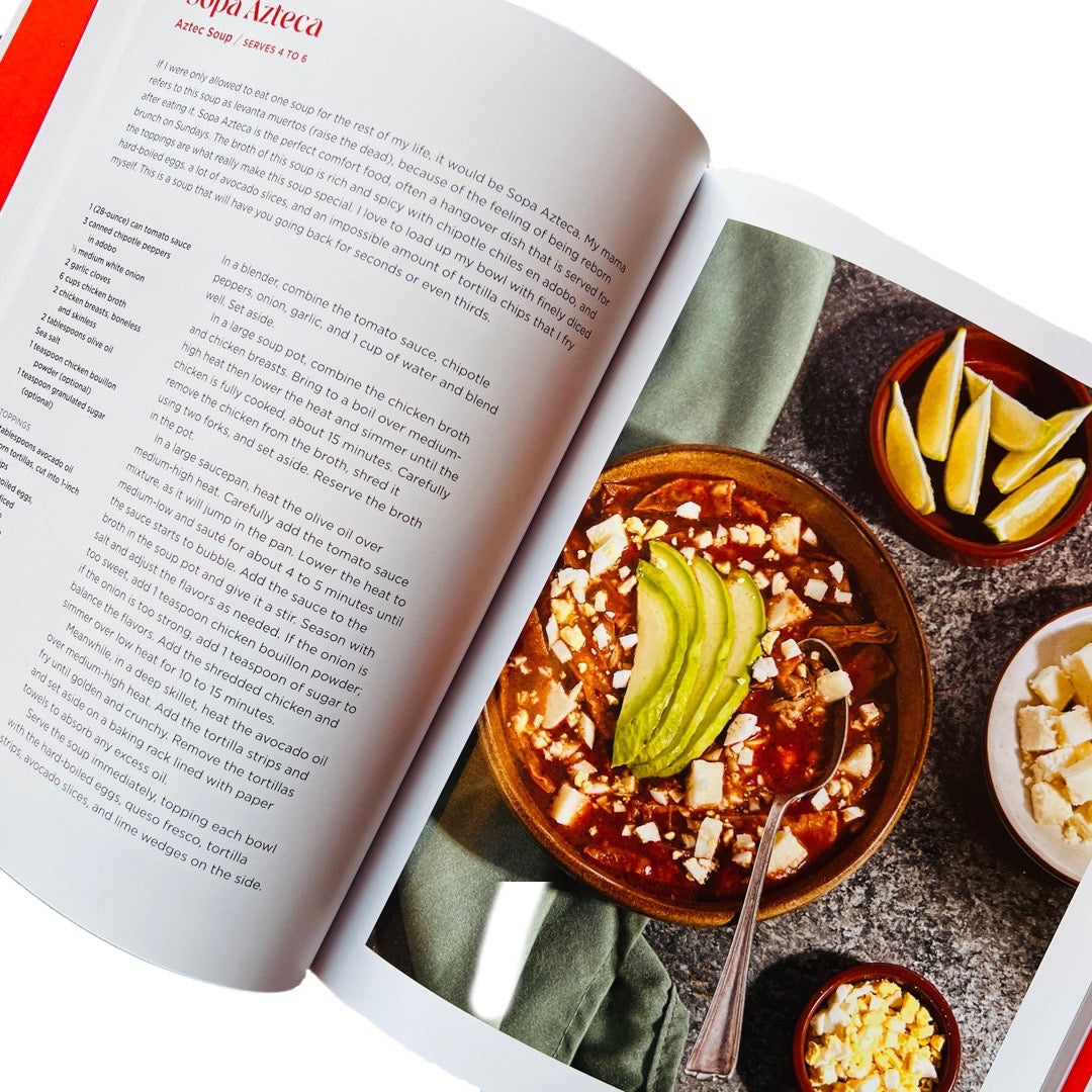 View of the reciepe for Sopa Azteca and an image of the finished soup.
