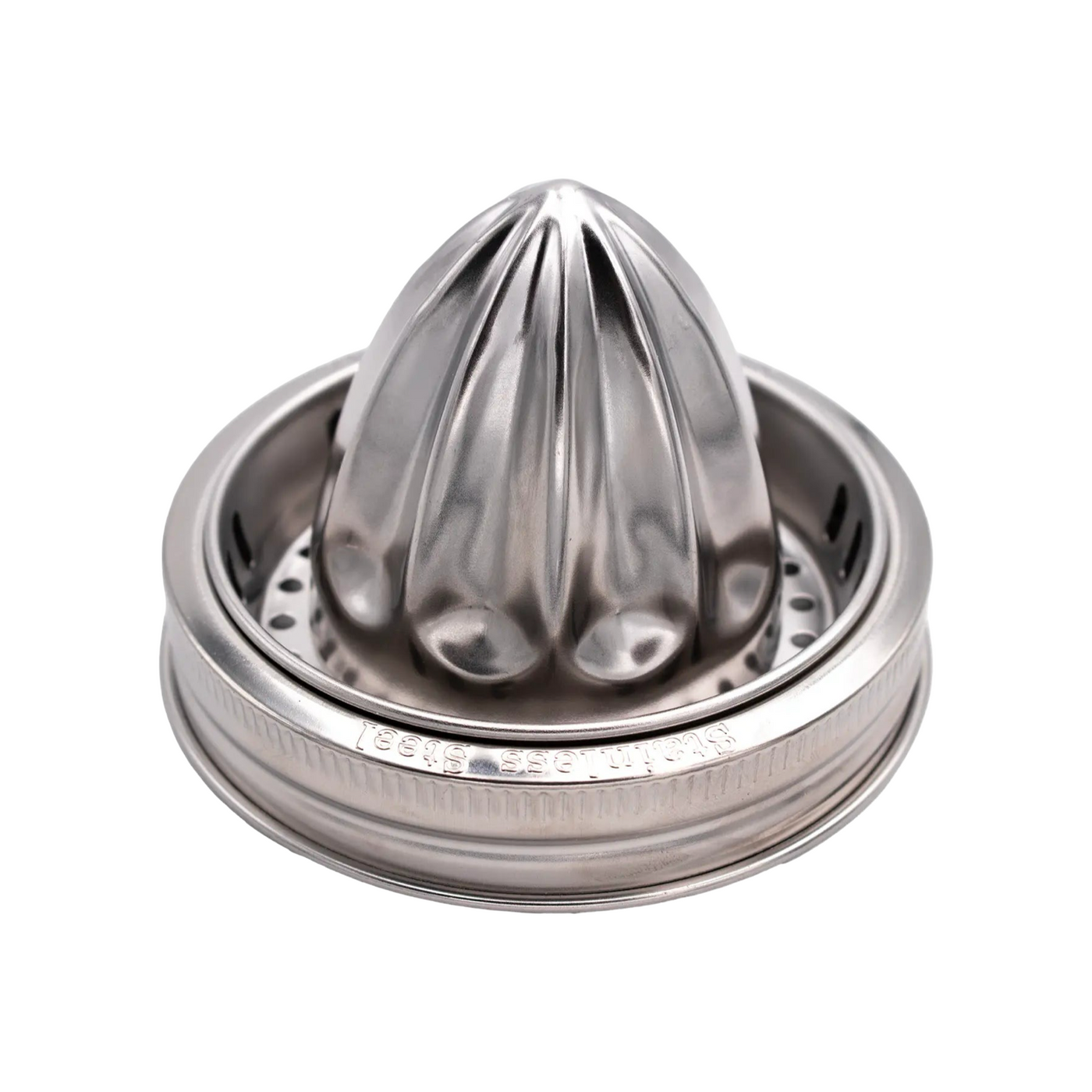 Close-up of a stainless steel mason jar juicing lid with built-in citrus reamer and seed strainer, designed to fit wide-mouth jars.