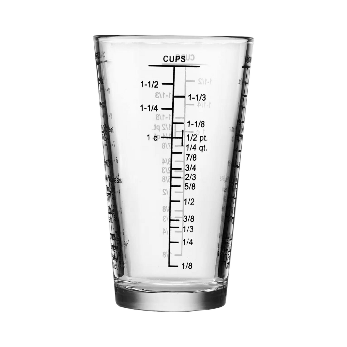 Clear pint-sized measuring glass with black printed measurements in cups, ounces, pints, and quarts.