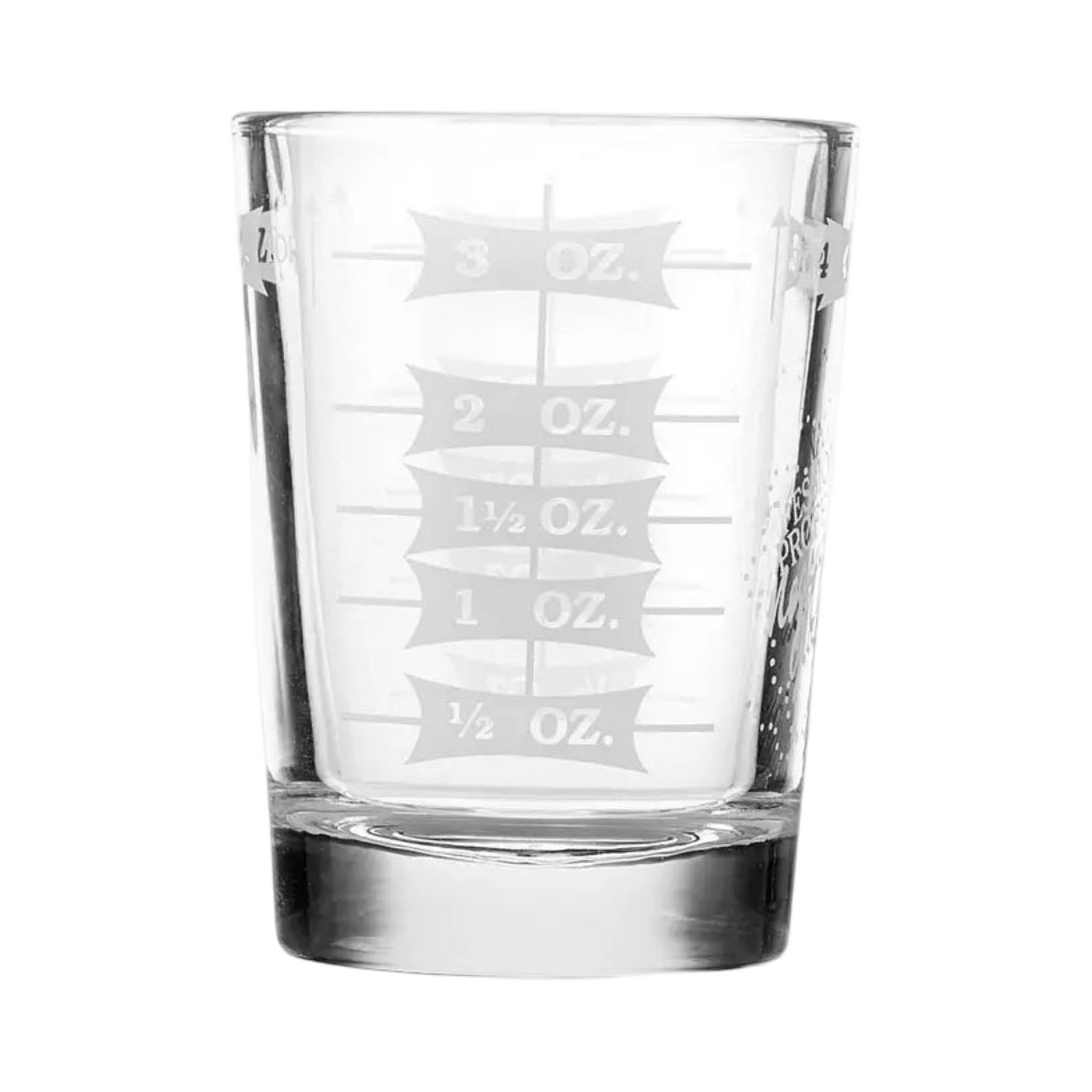 Small clear measuring glass with white printed measurements up to 3 ounces.